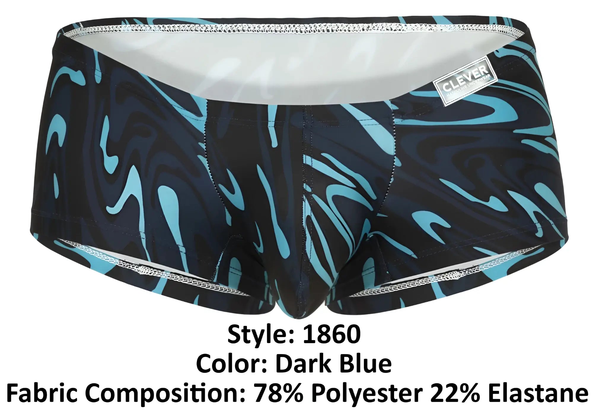 Dark blue clever 1860 grosh swim trunks with teal and black abstract pattern white lining and brand label on waistband