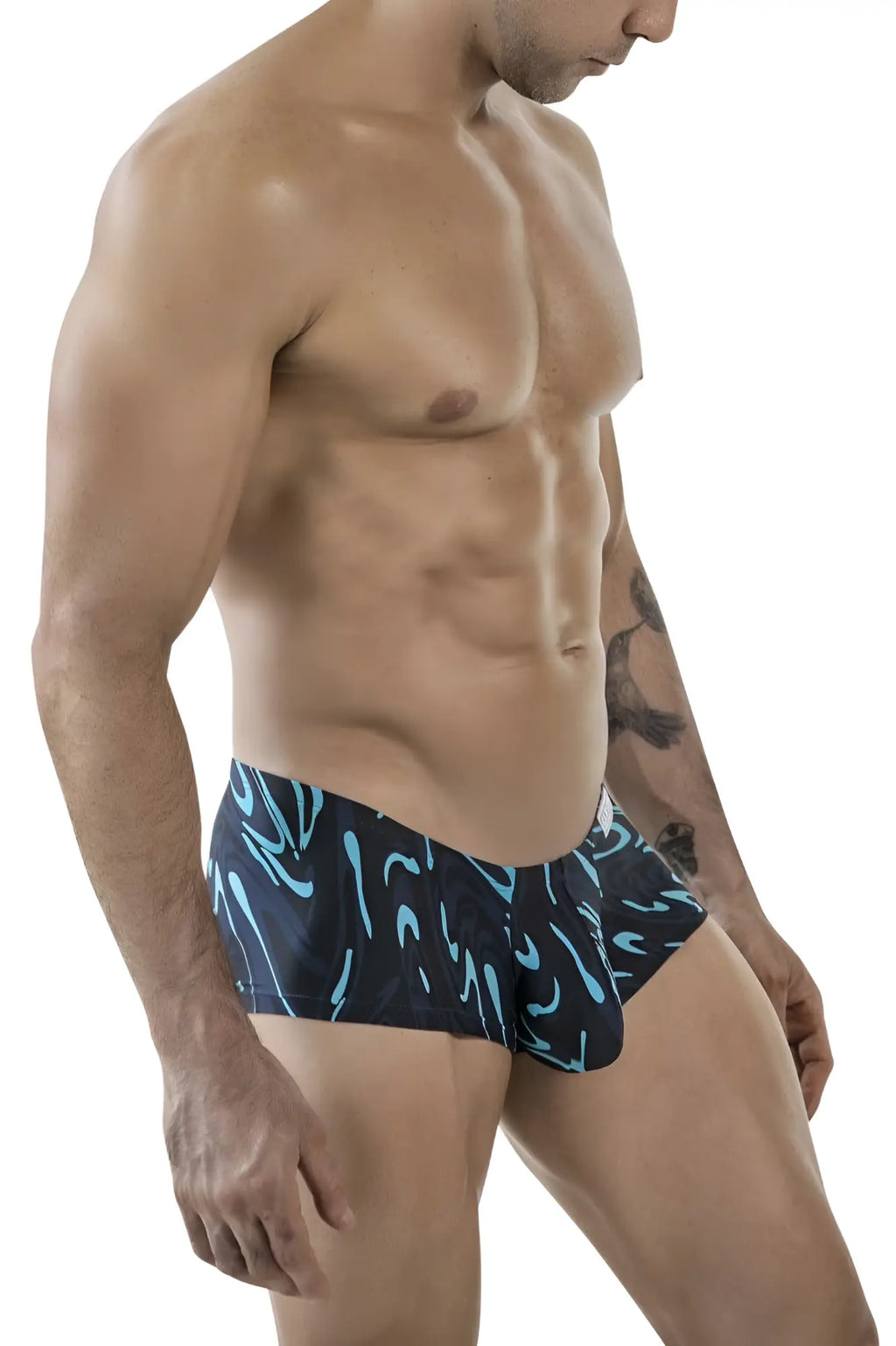 Dark blue clever 1860 grosh swim trunks with vibrant turquoise abstract wave pattern for beach and pool use
