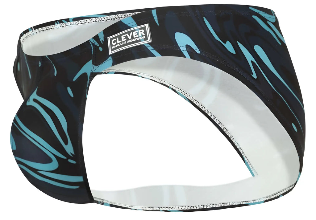 Clever 1861 Grosh bikini men’s underwear in black and teal abstract pattern with white interior lining