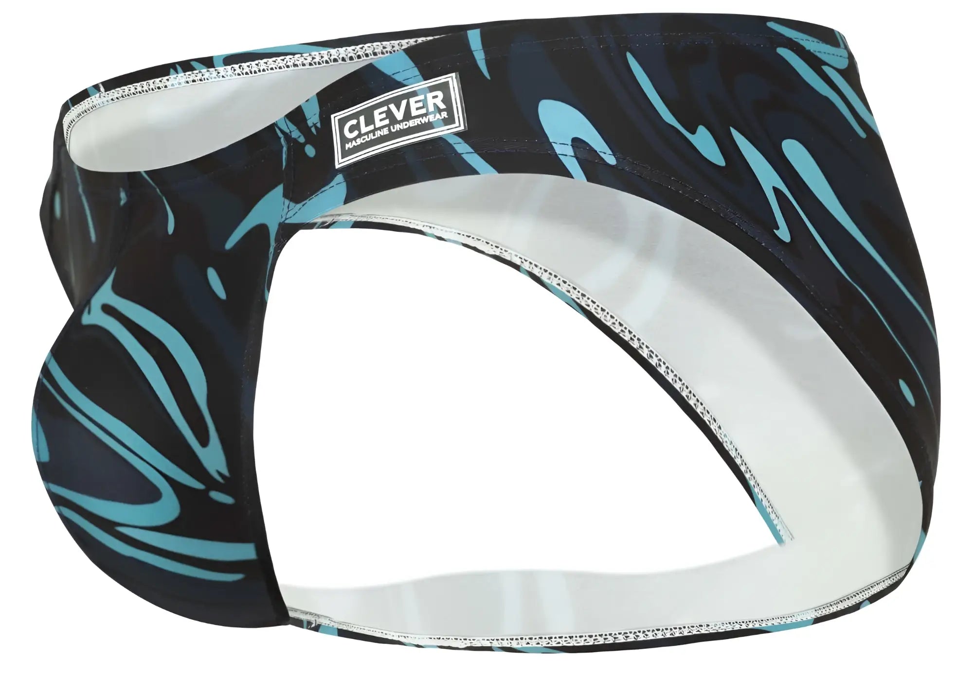 Clever 1861 Grosh bikini men’s underwear in black and teal abstract pattern with white interior lining