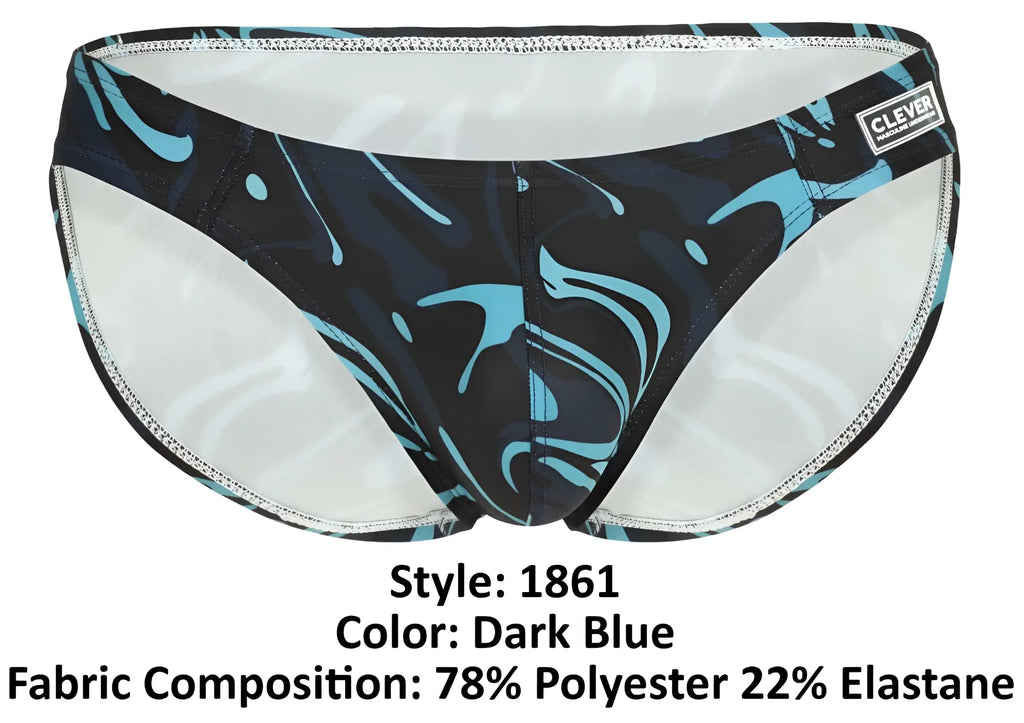 Dark blue clever 1861 grosh bikini swim trunks with swirling turquoise black pattern and silver edge stitching