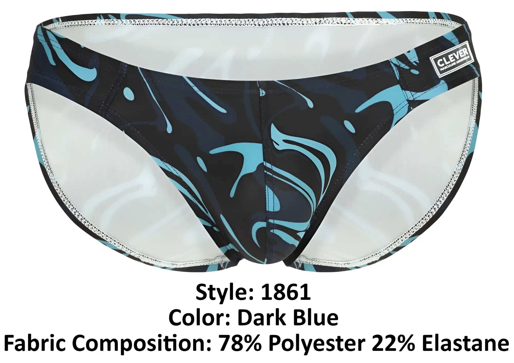 Dark blue clever 1861 grosh bikini swim trunks with swirling turquoise black pattern and silver edge stitching