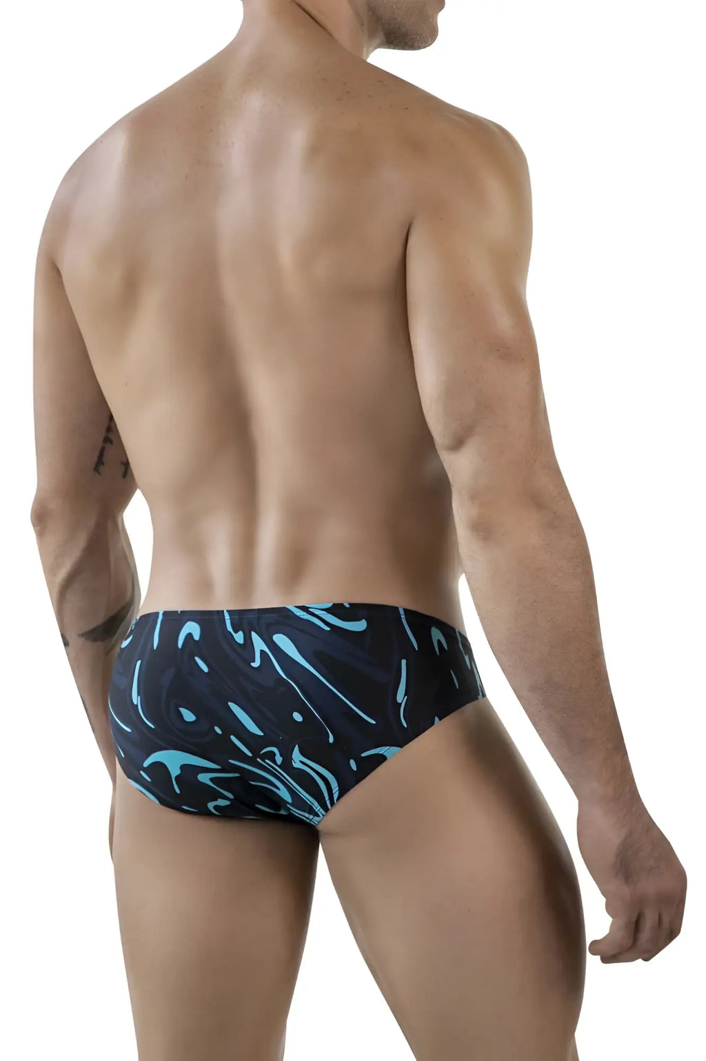 Dark blue clever 1861 grosh bikini swim trunks with vibrant turquoise abstract wave pattern for swimming and beachwear