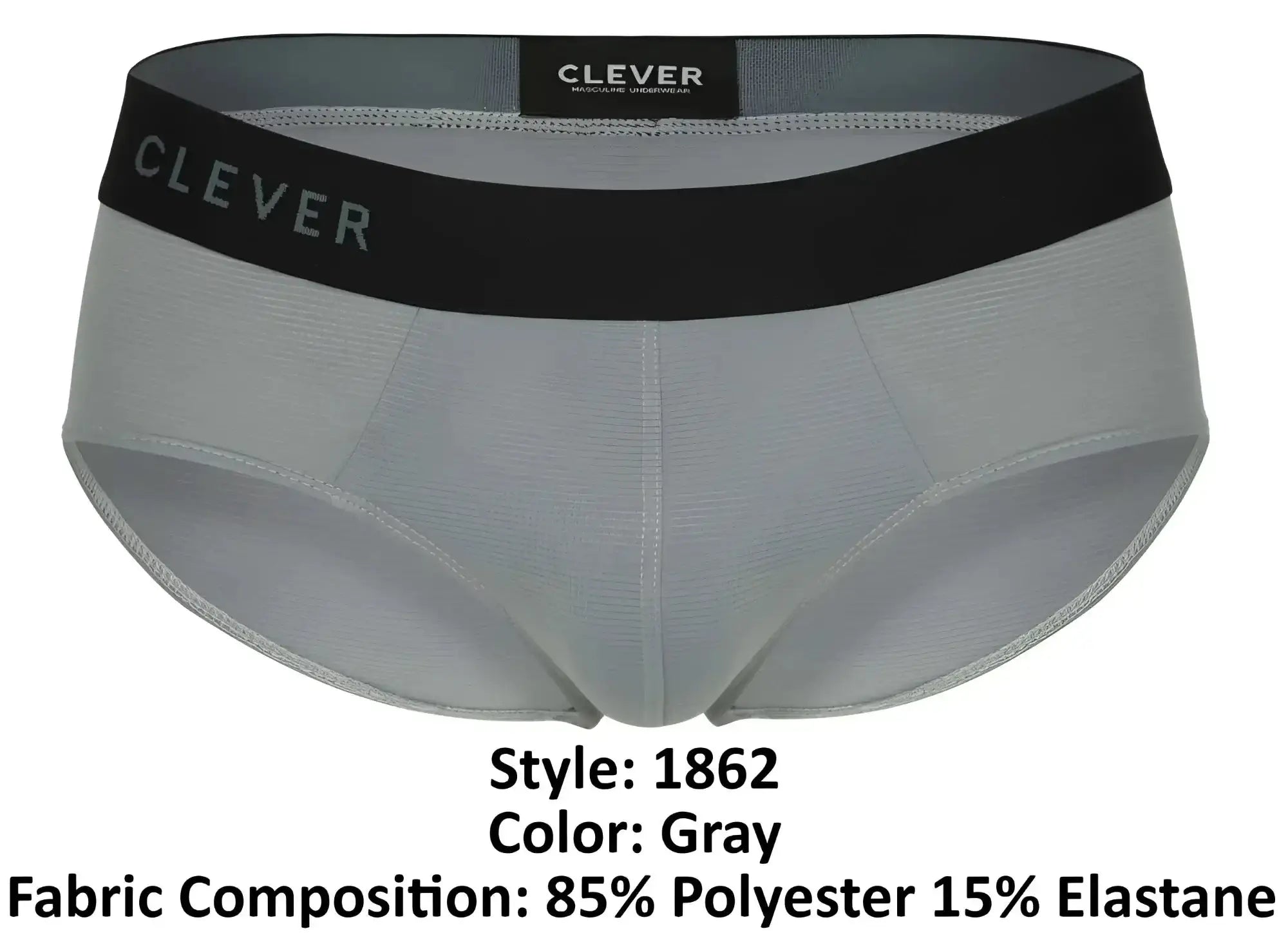 Gray clever 1862 oneal briefs with black waistband made of 85% polyester and 15% elastane fabric