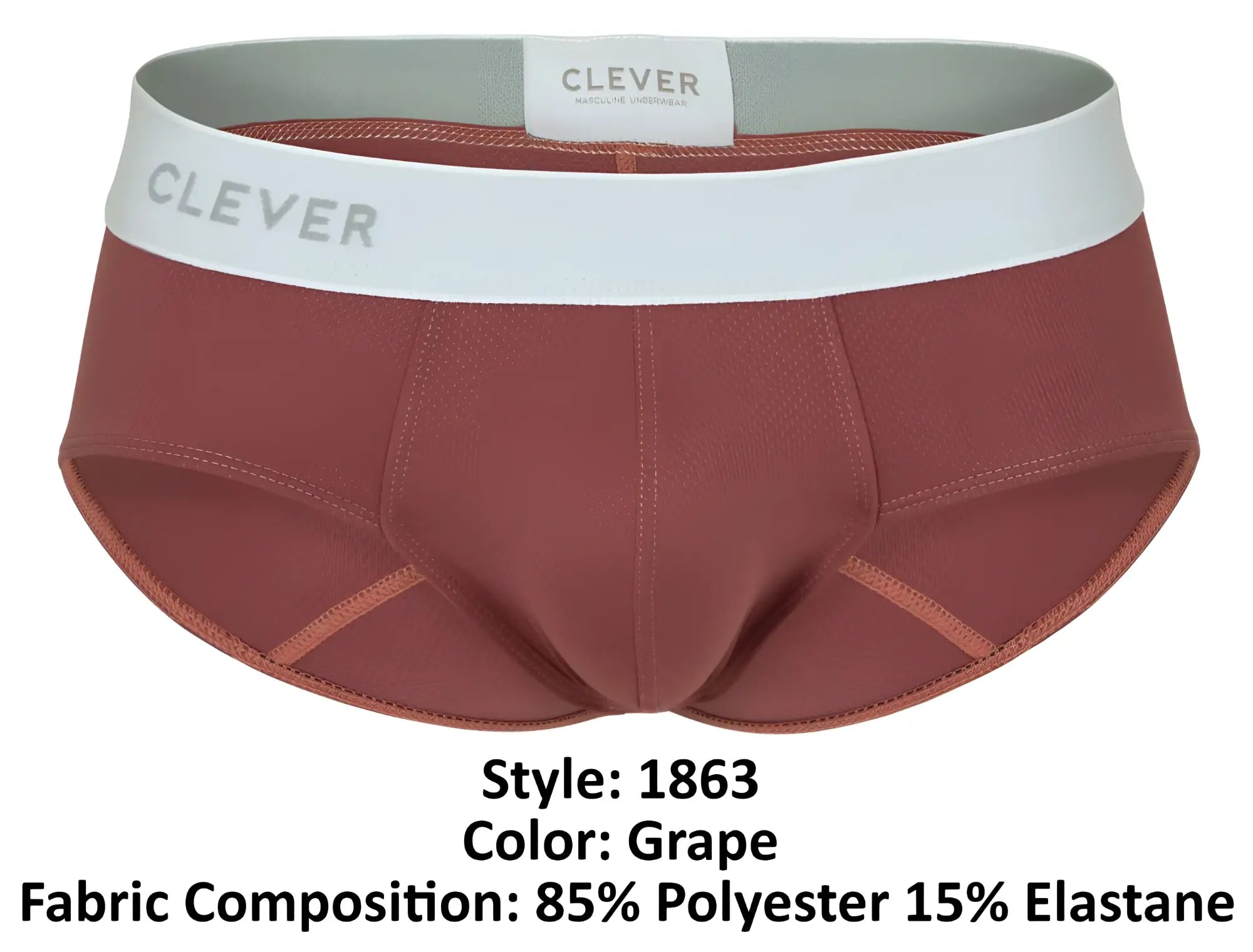 Grape-colored clever 1863 lecler men’s briefs made from 85% polyester and 15% elastane shown from the back side