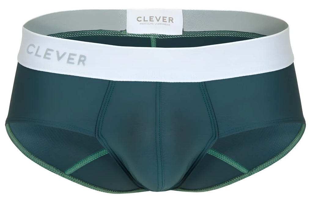 Dark green clever 1863 Lecler men’s briefs with white elastic waistband and gray clever branding