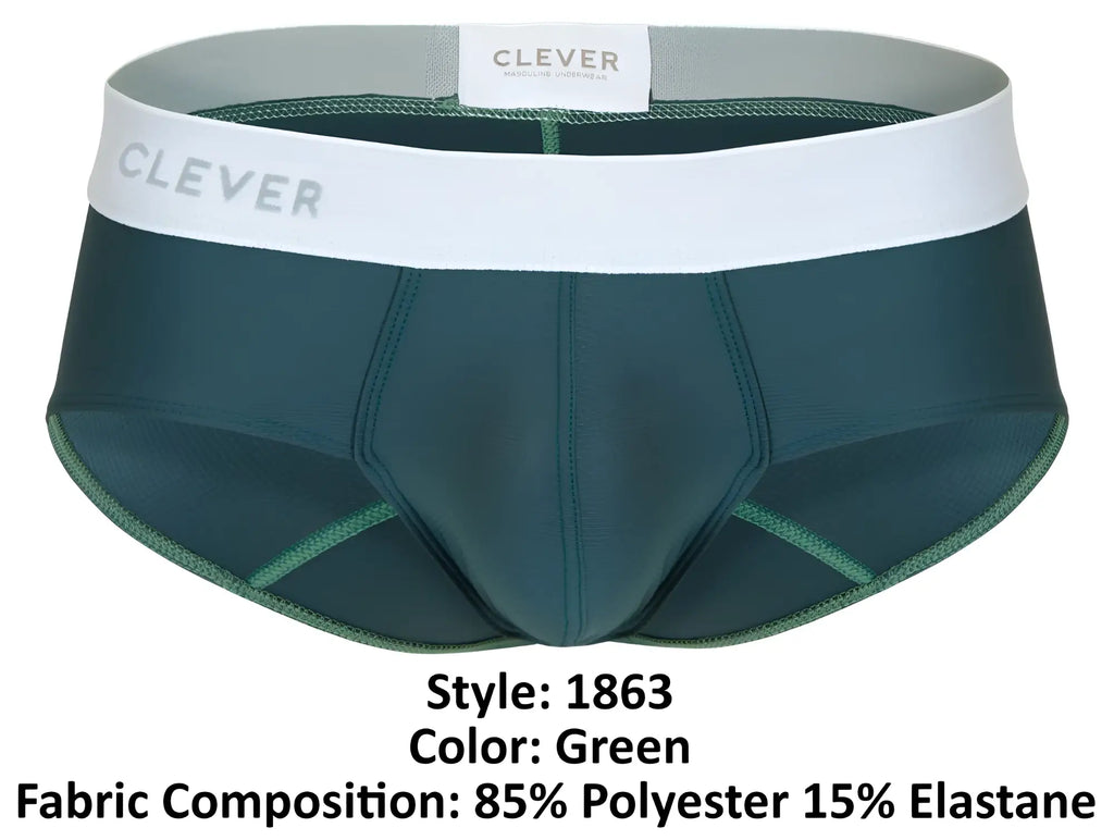 Dark green clever 1863 lecler briefs with white waistband and gray clever branding for men