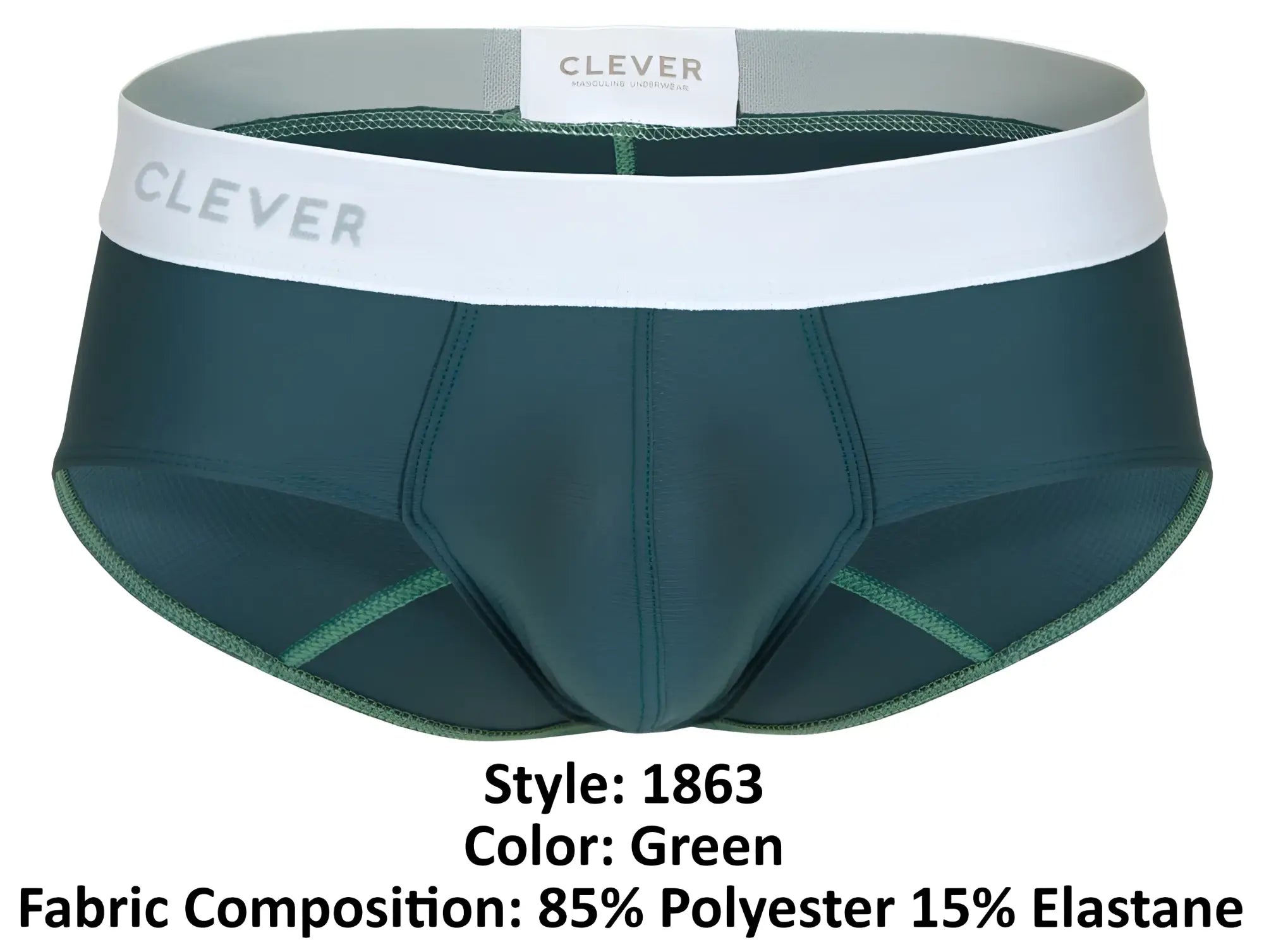 Dark green clever 1863 lecler briefs with white waistband and gray clever branding for men