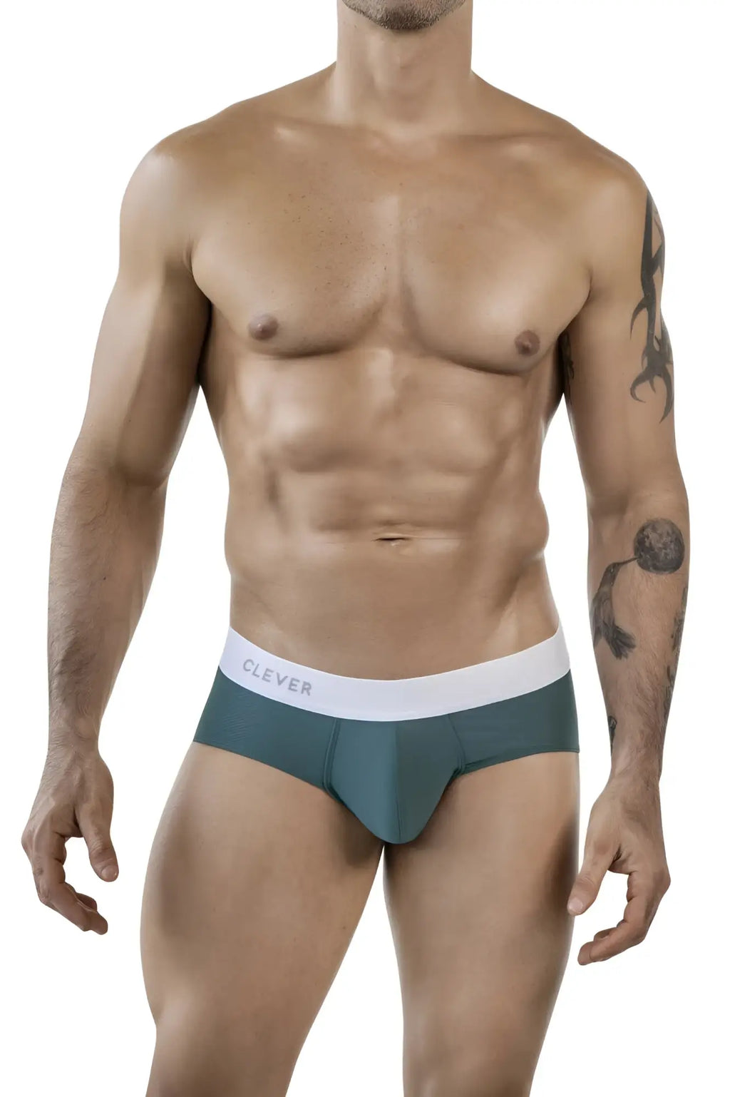 Teal clever 1863 lecler briefs with white waistband featuring clever brand name in gray lettering for men