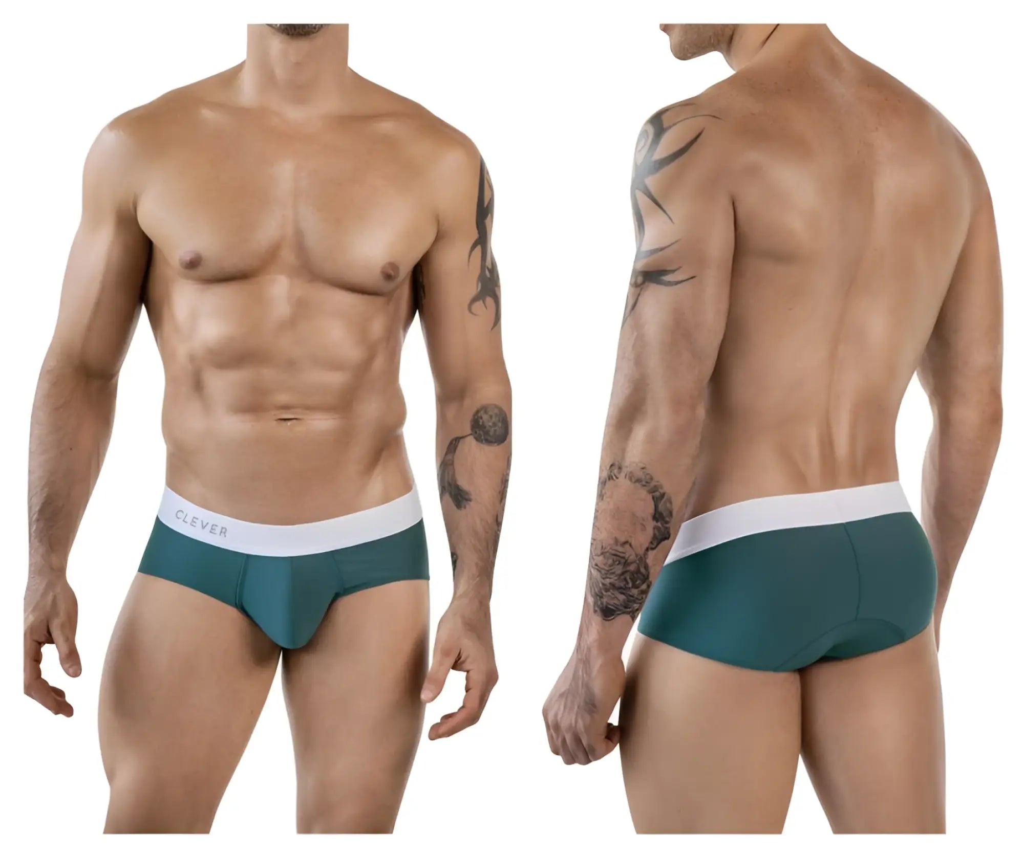Teal form-fitting briefs with white waistband featuring clever brand name in black lettering from clever 1863 lecler collection