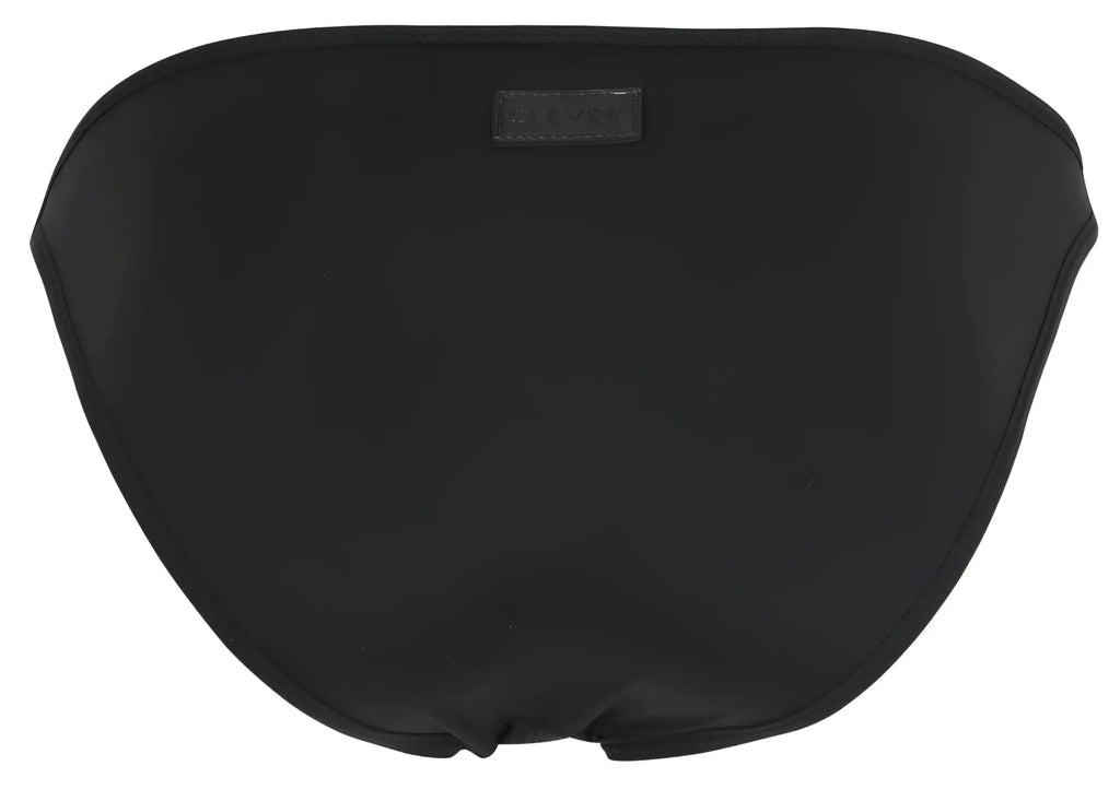Black satin bikini bottom with subtle sheen and small rectangular brand tag in clever 1865 oomph bikini black