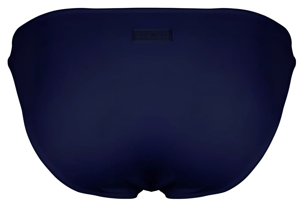 Navy blue clever 1865 oomph bikini swim trunks with a small rectangular brand tag at the waistband front side