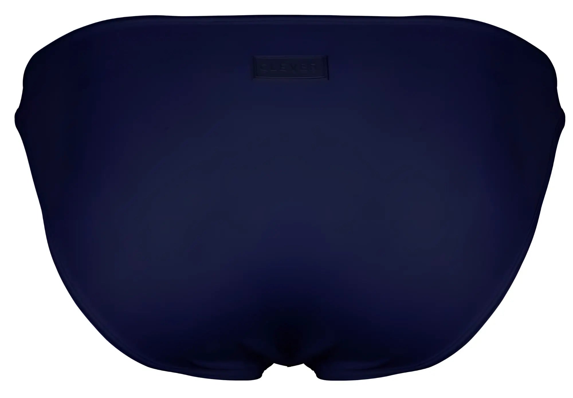Navy blue clever 1865 oomph bikini swim trunks with a small rectangular brand tag at the waistband front side