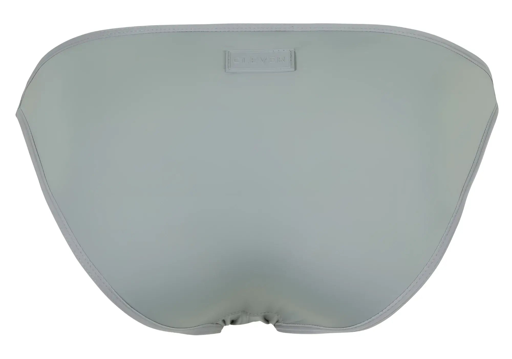 Light gray satin Clever 1865 Oomph bikini bottom with subtle seam and small rectangular brand tag at center top