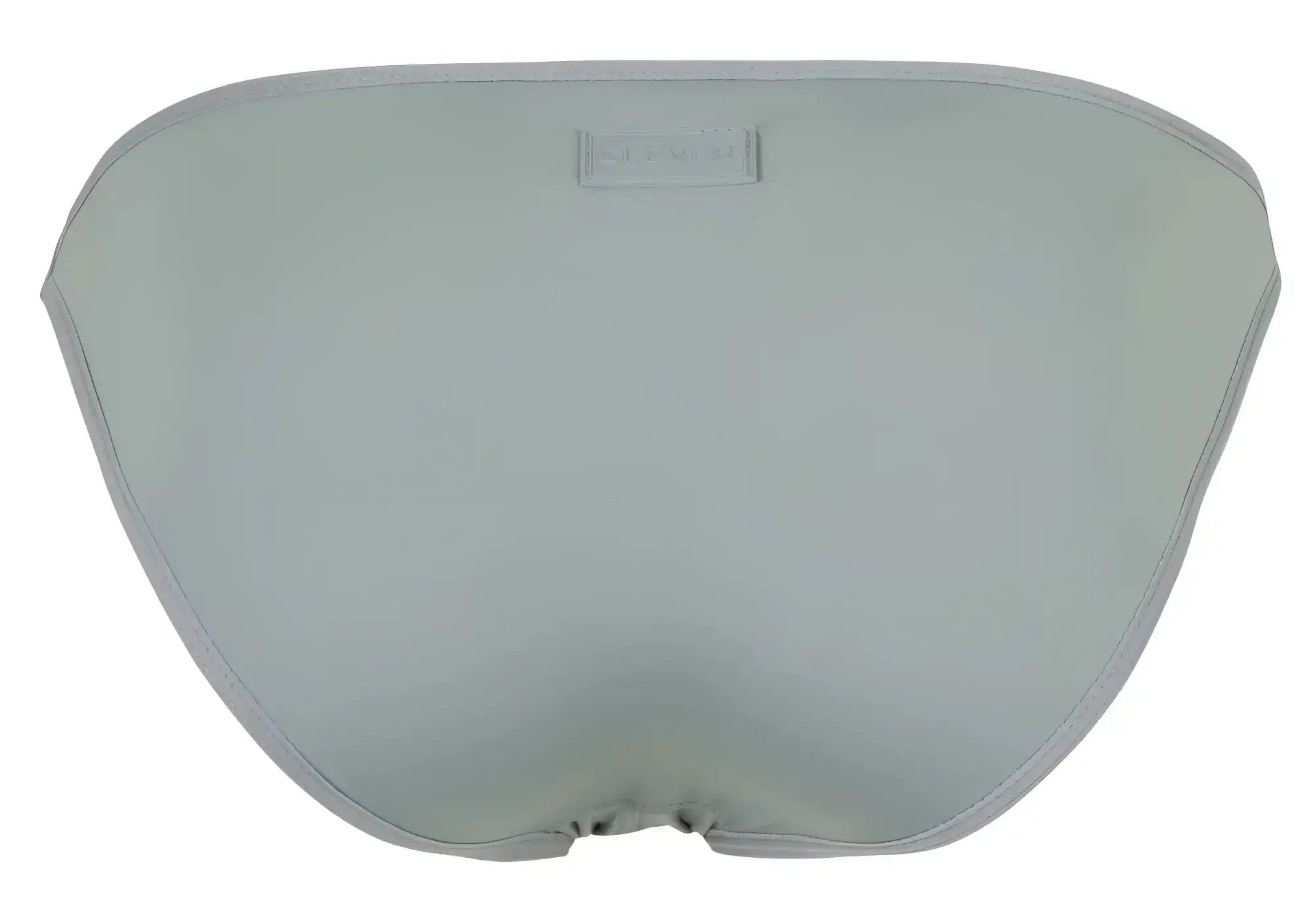 Light gray satin Clever 1865 Oomph bikini bottom with subtle seam and small rectangular brand tag at center top