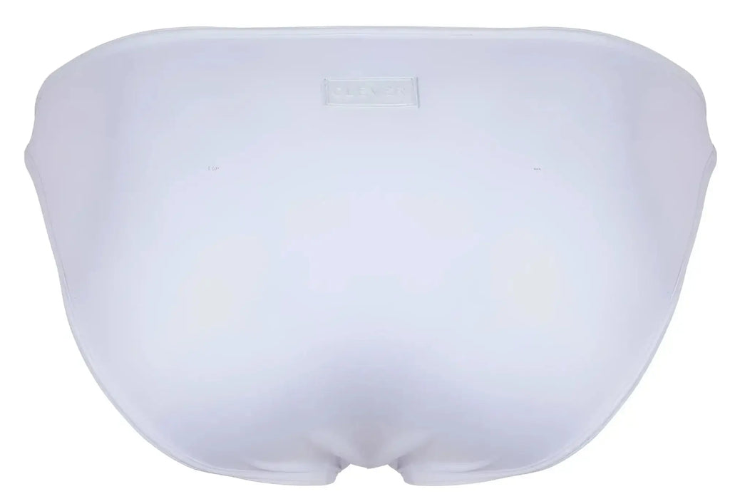 White smooth-textured clever 1865 oomph bikini swim trunks with a subtle brand label at the waistband