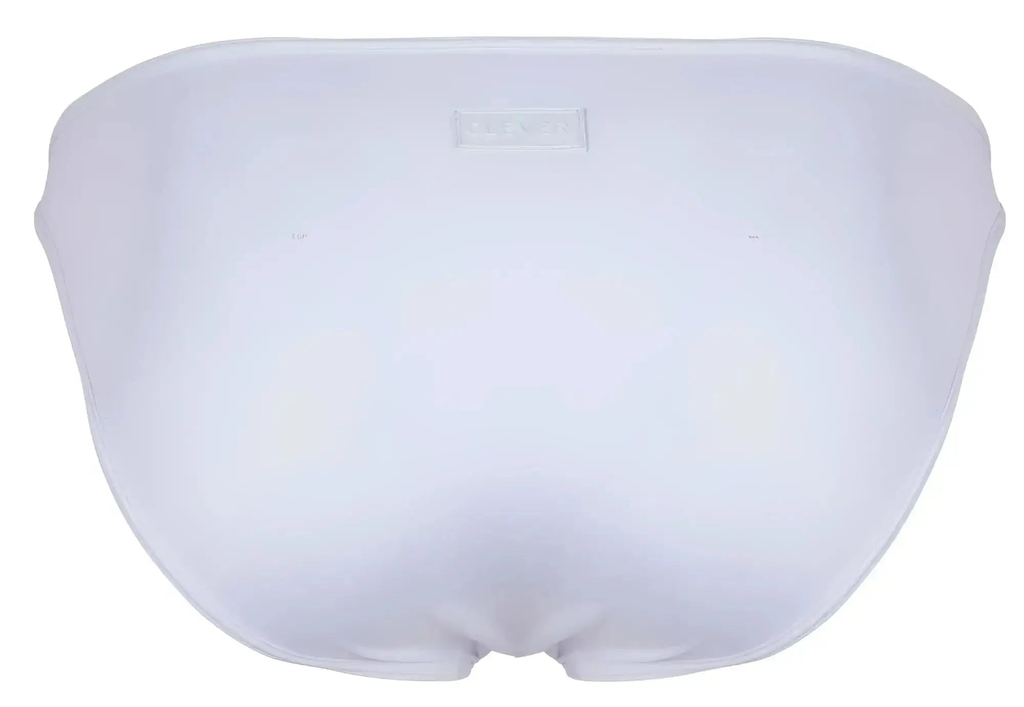 White smooth-textured clever 1865 oomph bikini swim trunks with a subtle brand label at the waistband