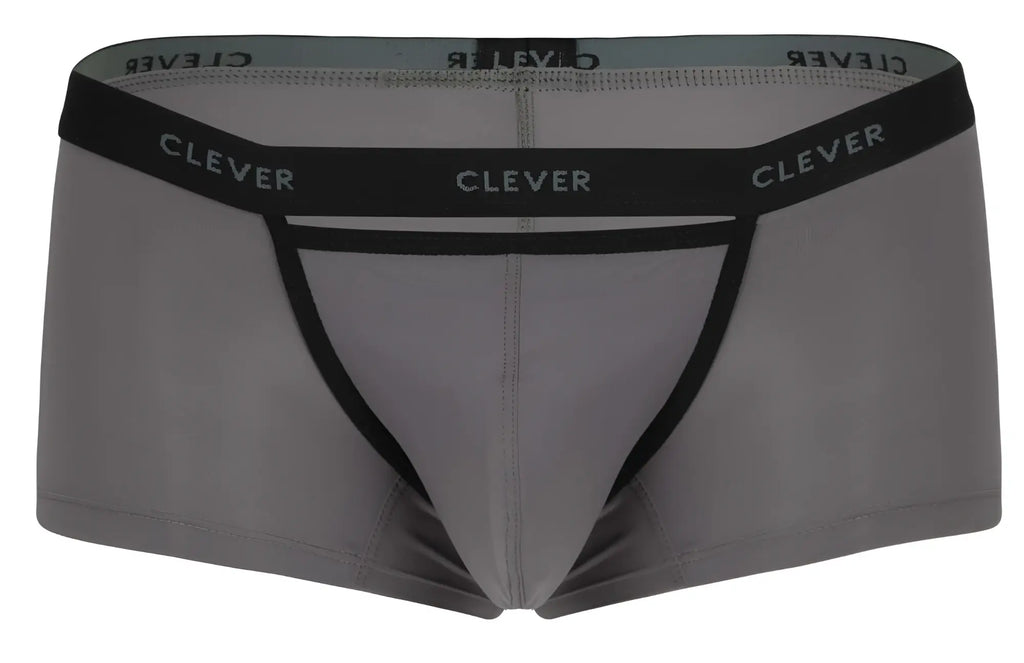 Gray men’s briefs clever 1866 tokio trunks with black elastic waistband leg openings and white clever branding