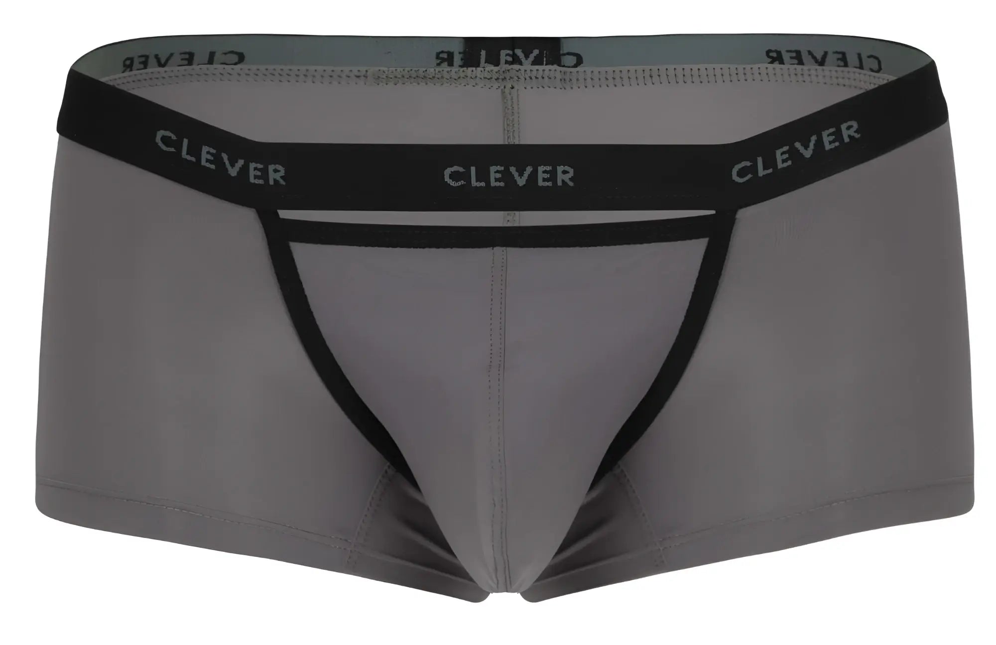 Gray men’s briefs clever 1866 tokio trunks with black elastic waistband leg openings and white clever branding