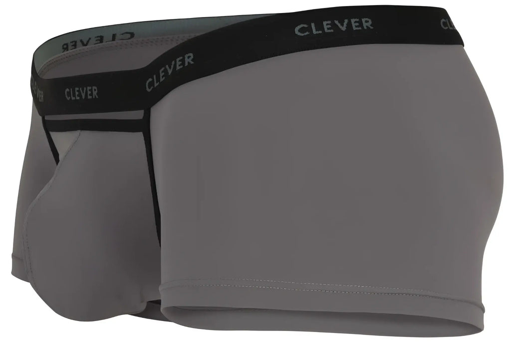 Gray clever 1866 tokio trunks men’s boxer briefs with black elastic waistband and white clever branding