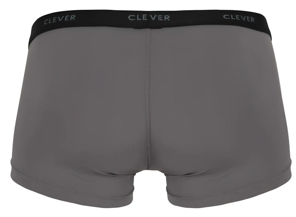 Gray men’s boxer briefs with black elastic waistband and clever brand name in white from clever 1866 tokio trunks