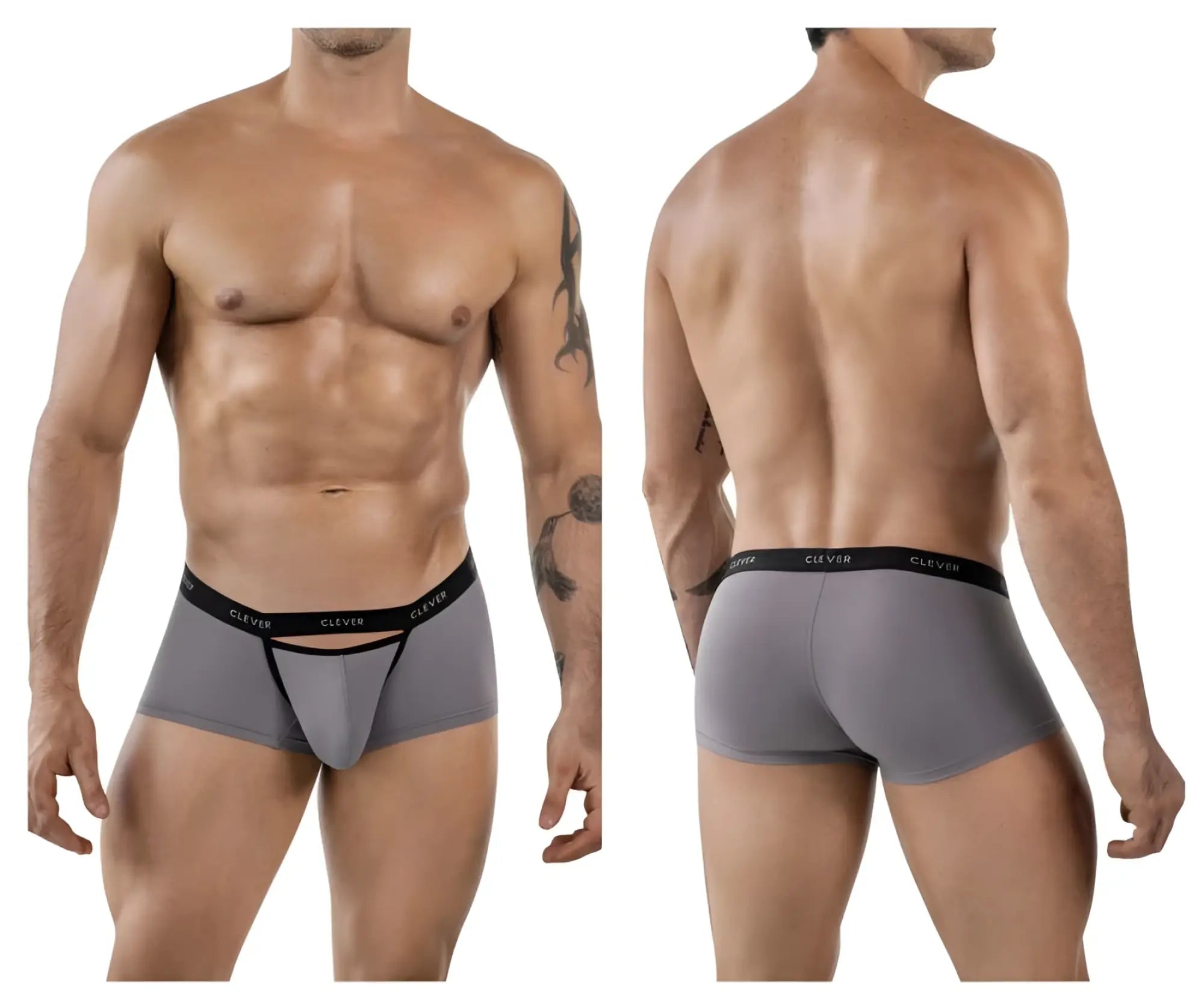 Gray men’s boxer briefs with black elastic waistband featuring clever brand name clever 1866 tokio trunks