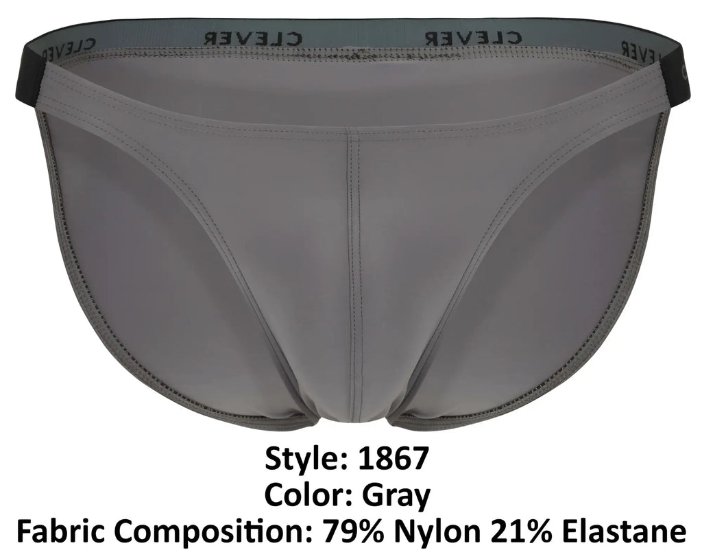 Gray clever 1867 tokio bikini briefs with black elastic waistband and white brand name print on the front side