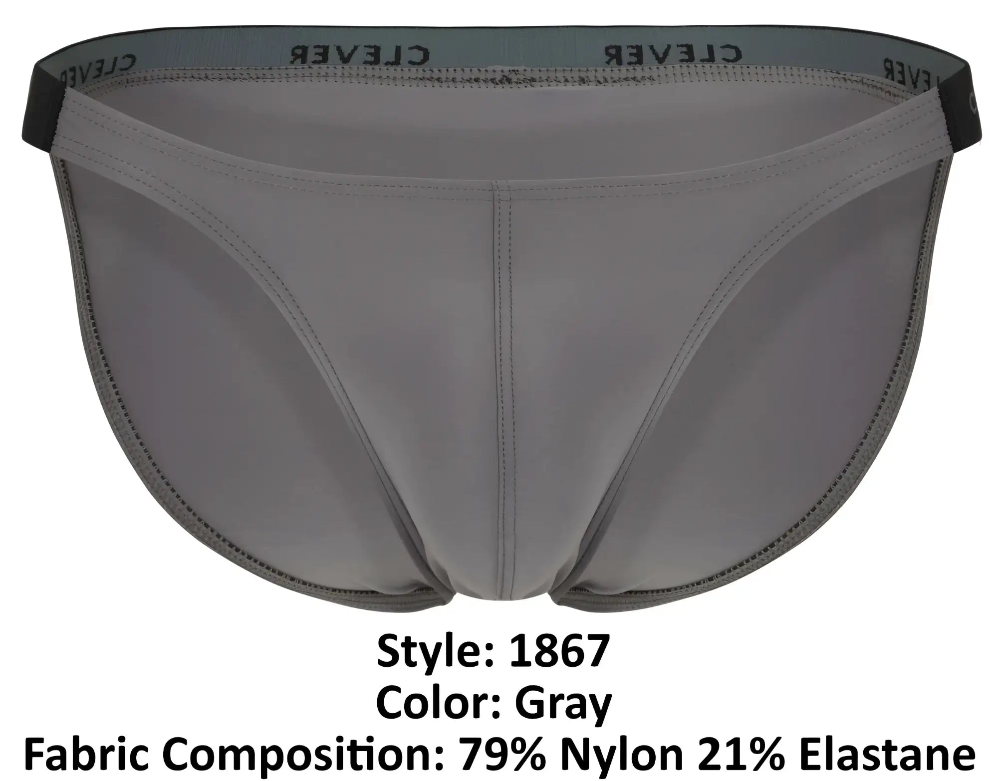 Gray clever 1867 tokio bikini briefs with black elastic waistband and white brand name print on the front side