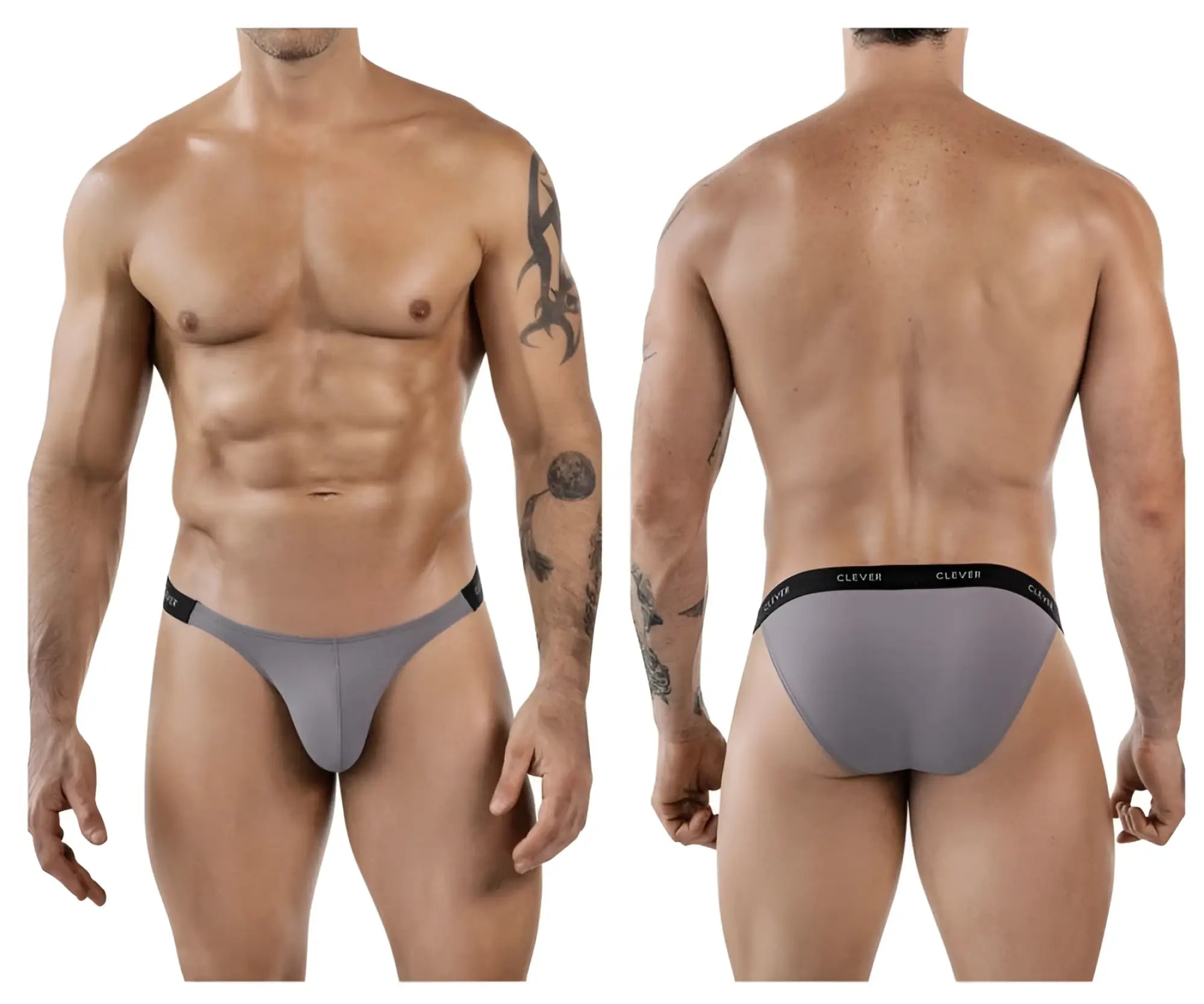 Gray clever 1867 tokio bikini briefs with black elastic waistband and white brand name print for comfortable wear