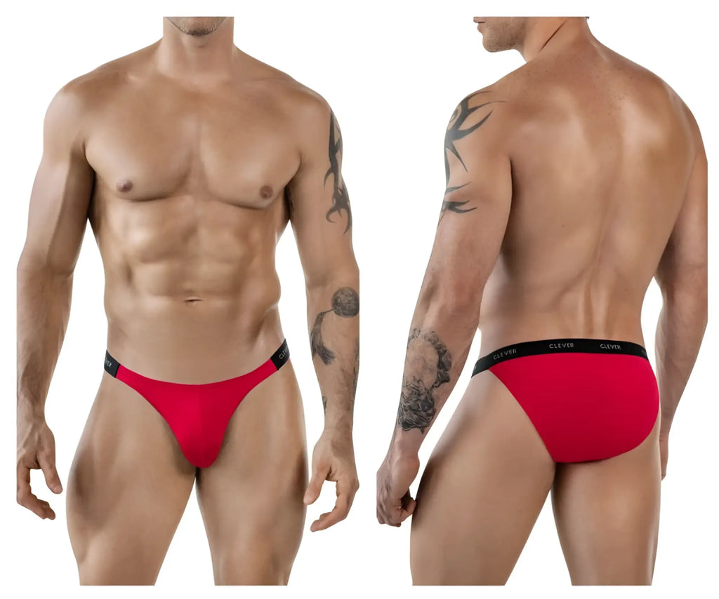 Red men’s briefs with black elastic waistband featuring clever brand name from clever 1867 tokio bikini collection