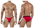 Red men’s briefs with black elastic waistband featuring clever brand name from clever 1867 tokio bikini collection