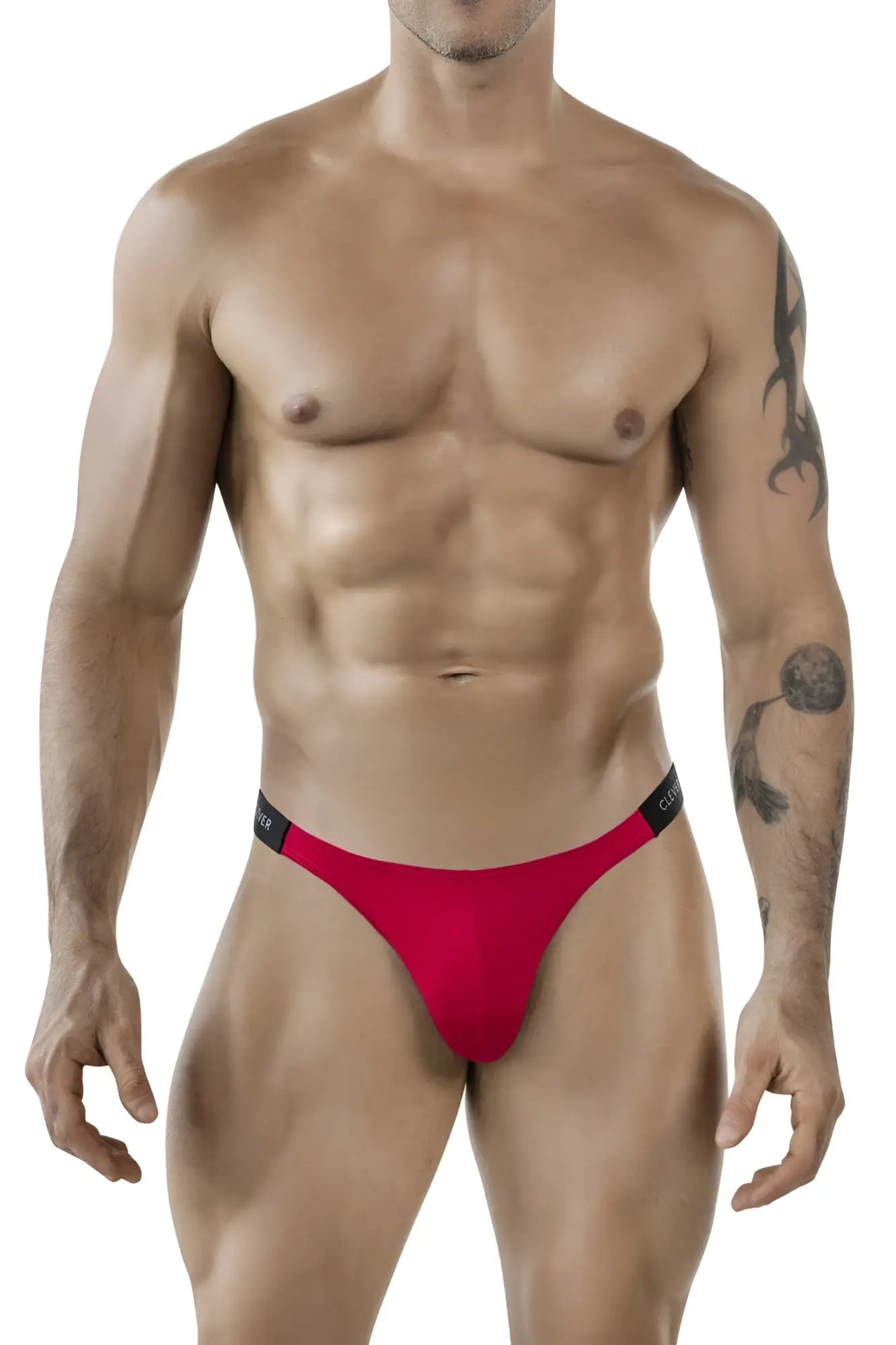 Red thong bikini with black elastic waistband featuring cuter brand name in white from clever 1867 tokio collection