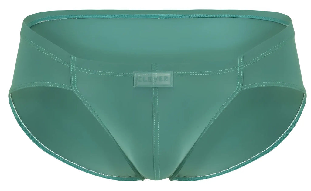 Teal-colored sleek form-fitting clever 1870 audaz bikini color green swim trunks with subtle sheen for swimming