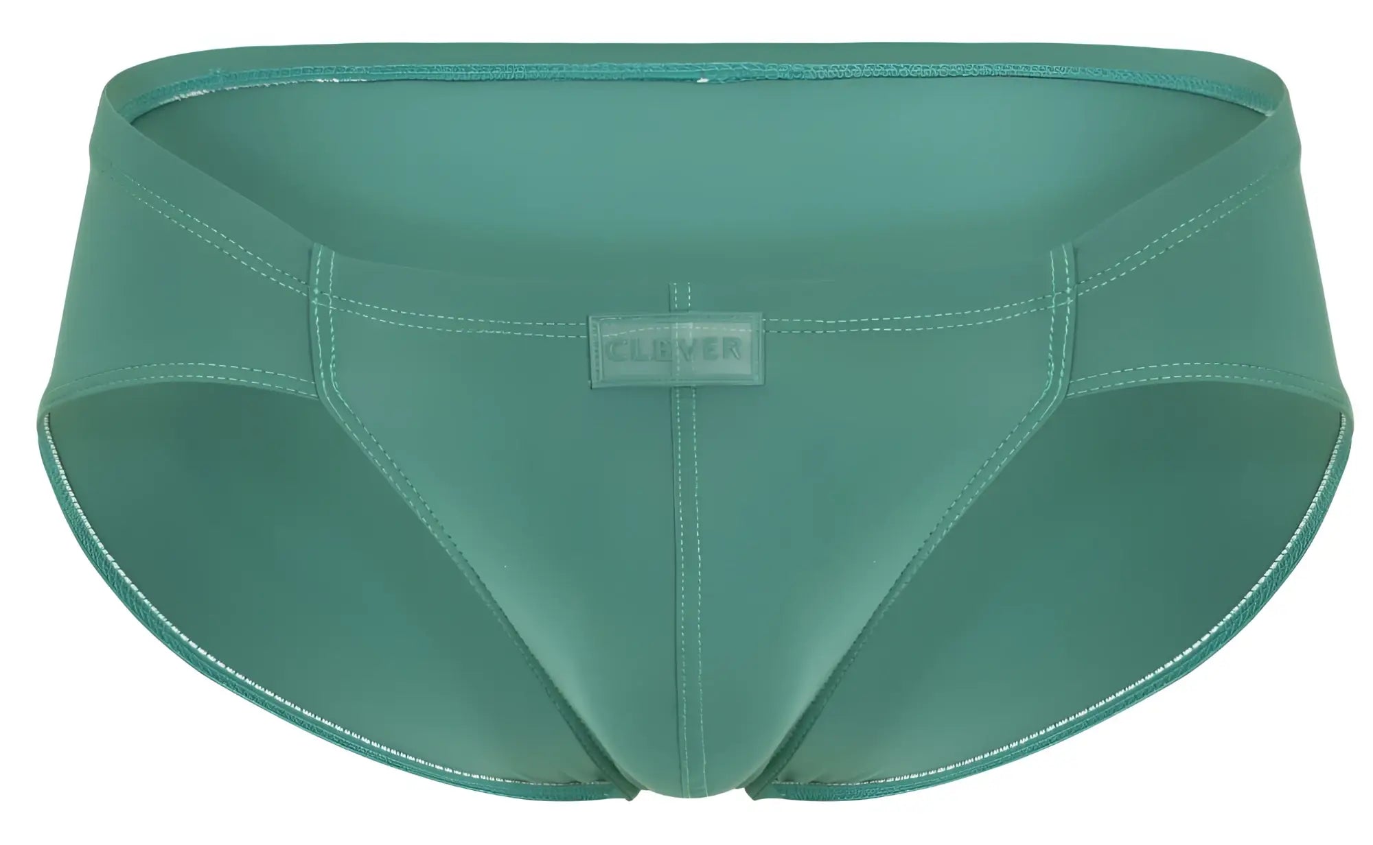 Teal-colored sleek form-fitting clever 1870 audaz bikini color green swim trunks with subtle sheen for swimming