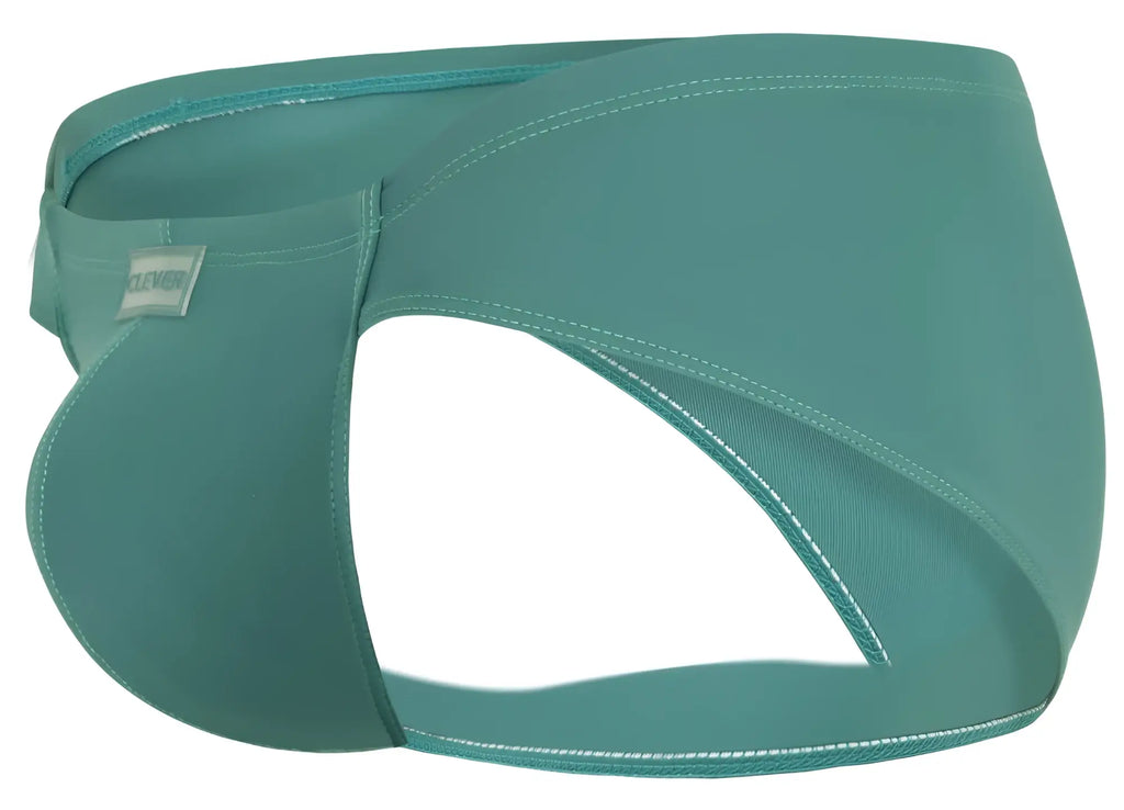 Teal-colored clever 1870 audaz bikini color green swim trunks with sleek design and white stitching along the seams