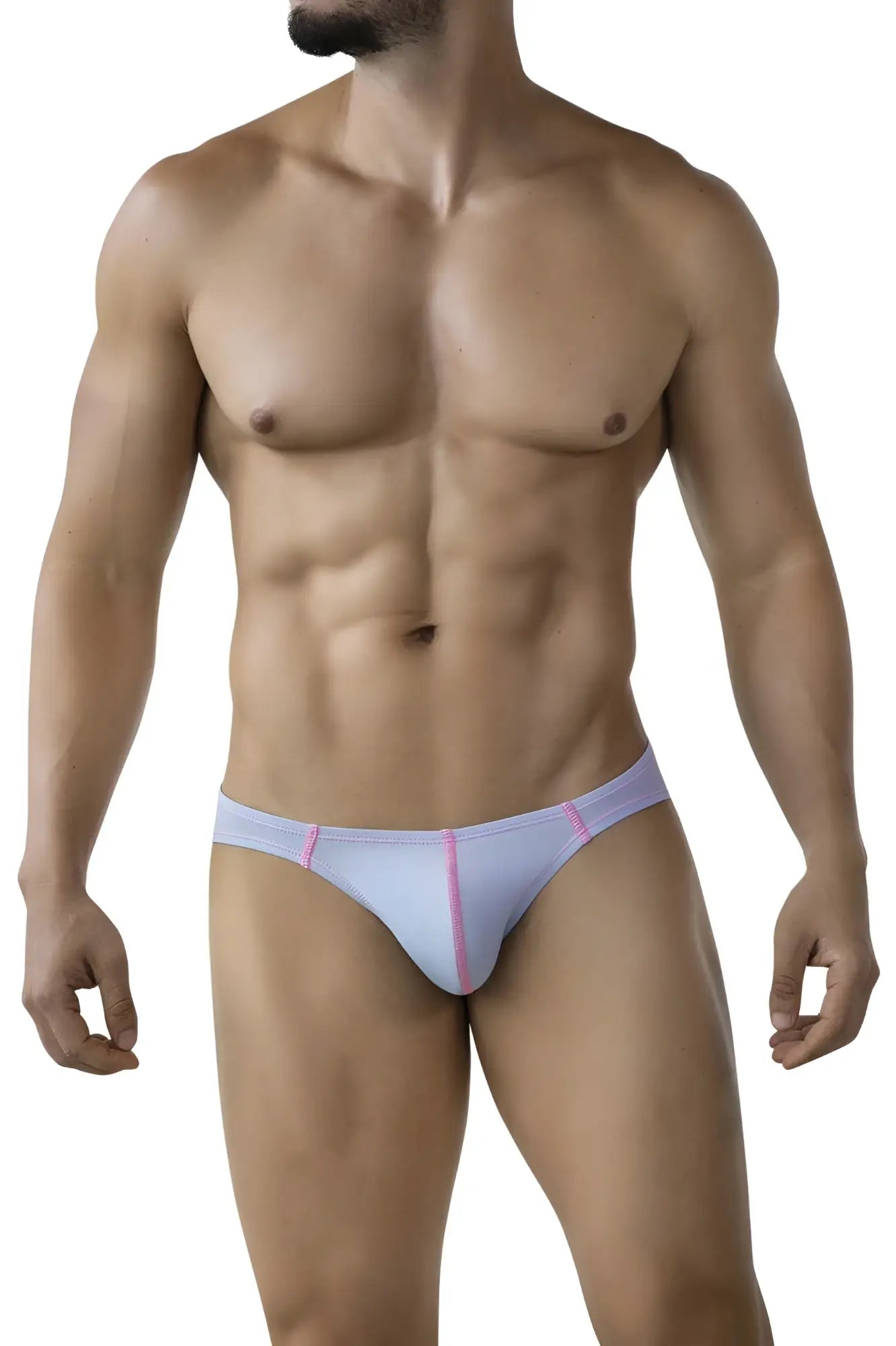 Light purple thong with pink trim from clever 2005 raices briefs in light blue shown from the back side