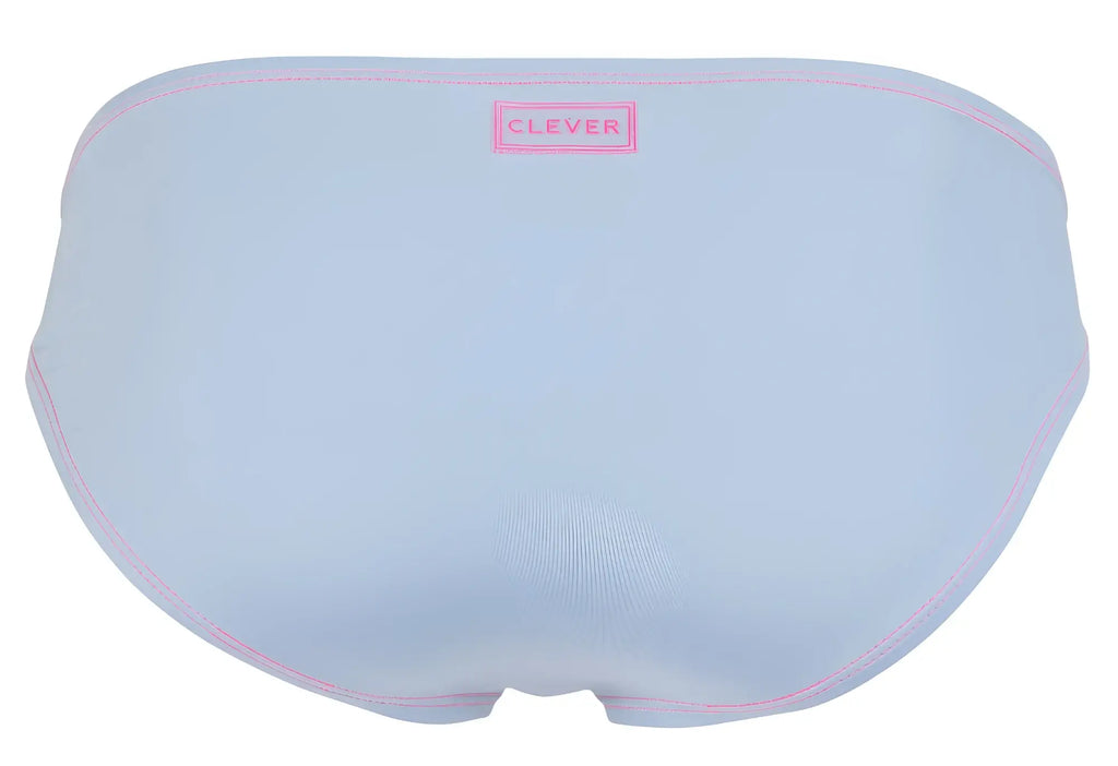Light blue clever 2005 raices briefs swim trunks with pink stitching and a small rectangular brand label on the waistband