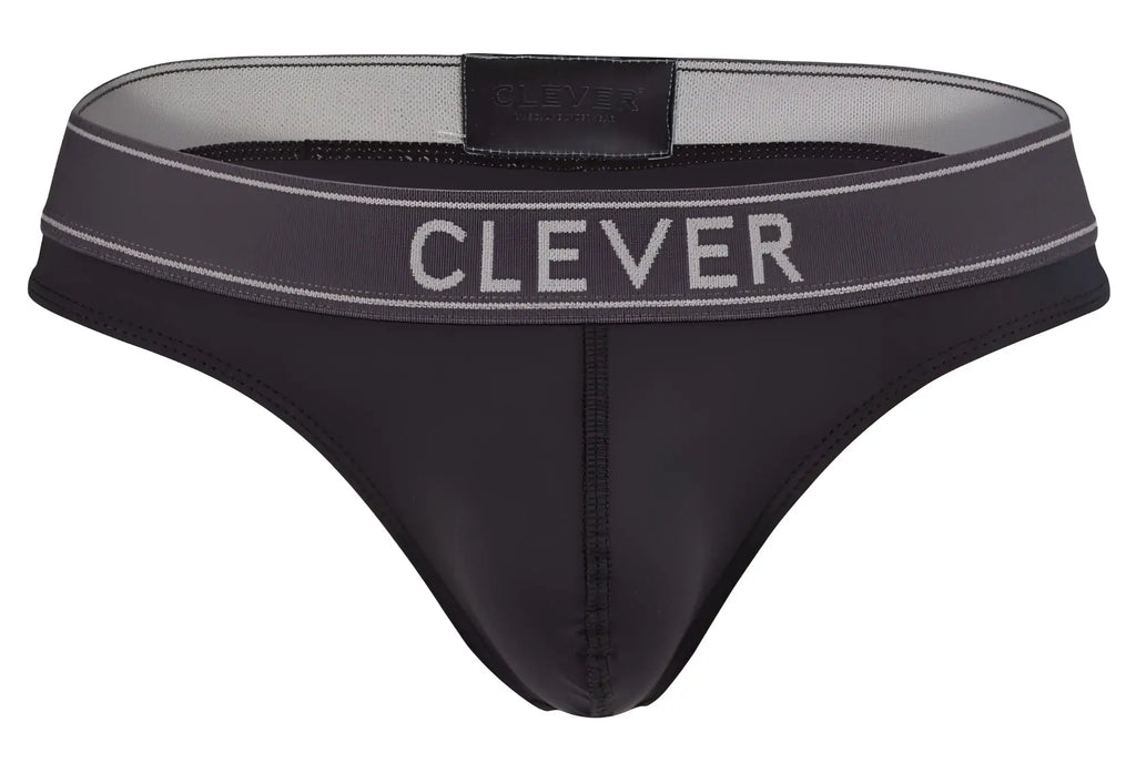 Black clever 2008 raw thongs with a dark gray waistband featuring white lettering and subtle stitching details