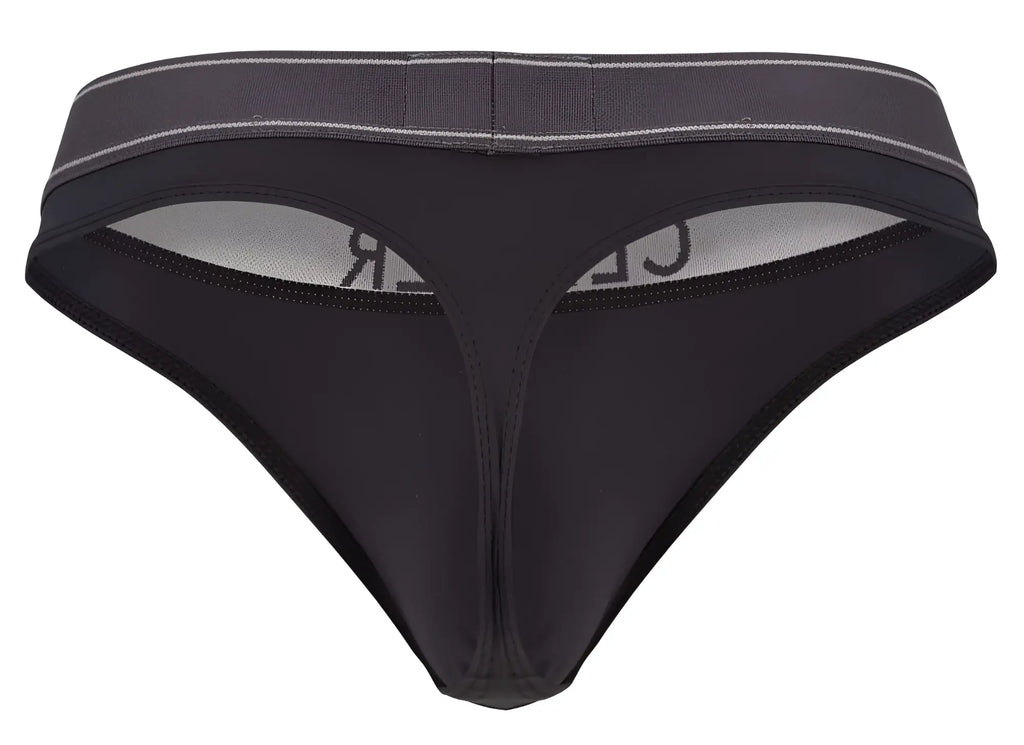 Black clever 2008 raw thong with gray waistband subtle white stitching and brand name on inner lining in dark gray color