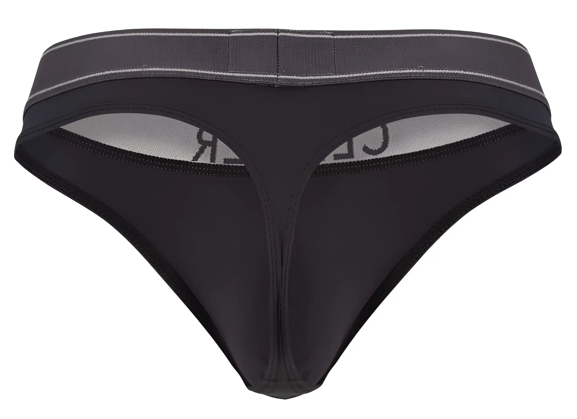 Black clever 2008 raw thong with gray waistband subtle white stitching and brand name on inner lining in dark gray color