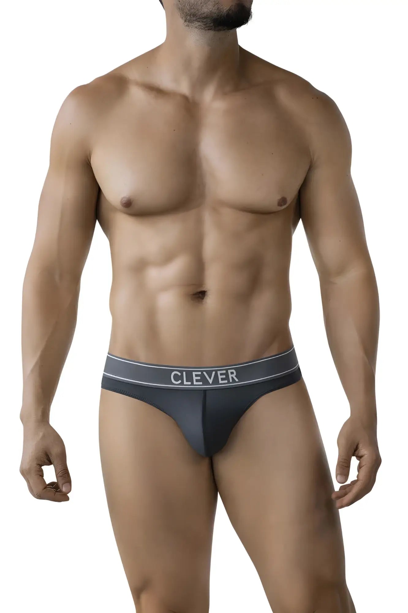 Dark gray clever 2008 raw thong briefs with a lighter gray waistband featuring white clever branding