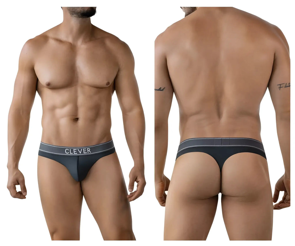 Dark gray clever 2008 raw thongs with a lighter gray waistband and white clever brand name lettering