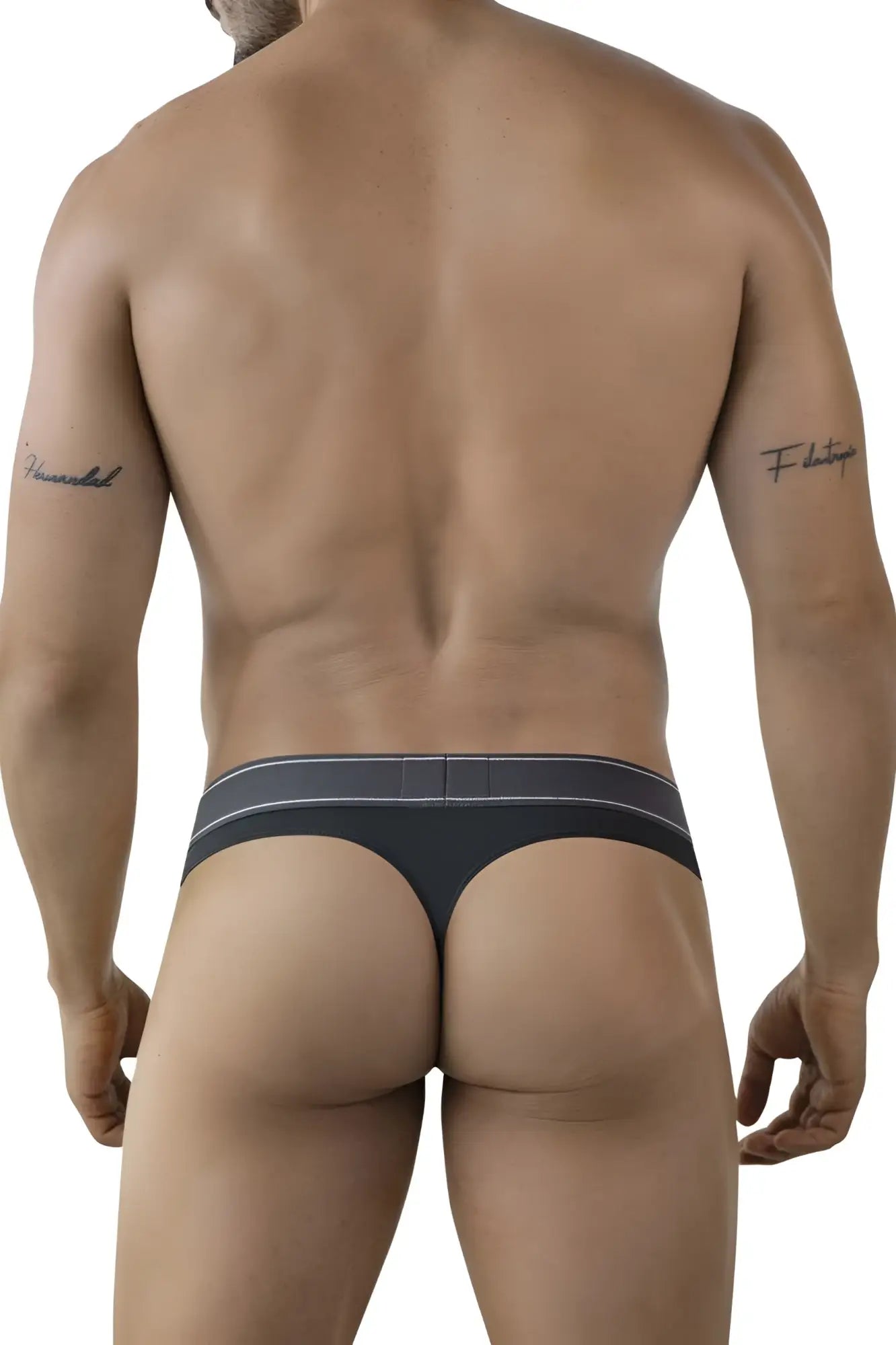 Dark gray clever 2008 raw thong with a light gray stripe across the waistband showing the back side