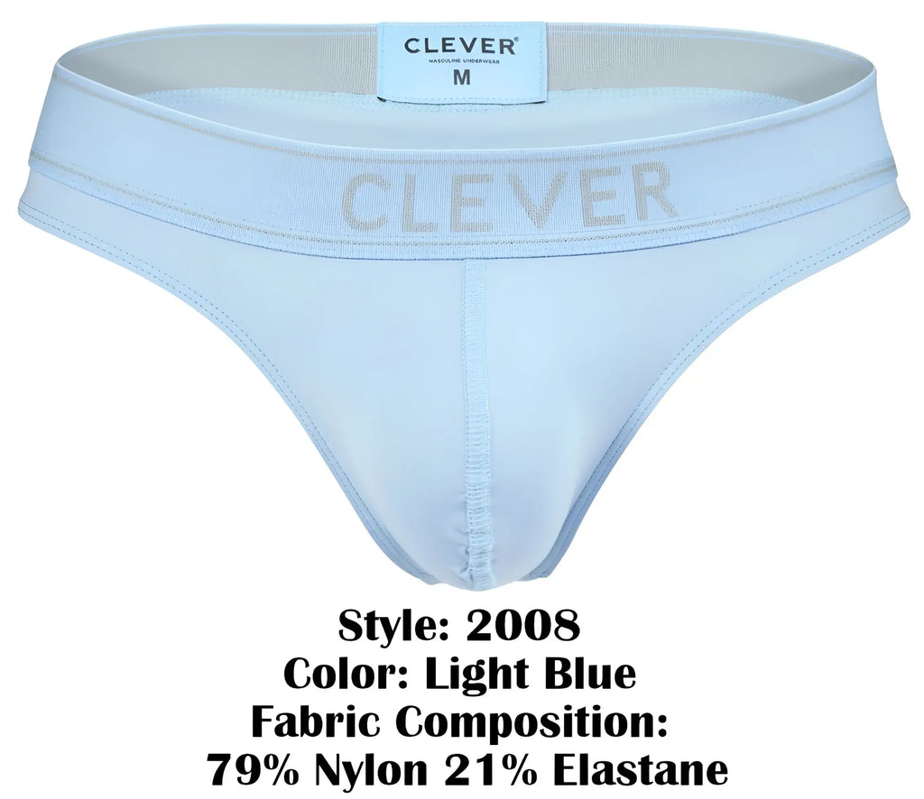 Light blue clever 2008 raw thongs men’s briefs in a minimalist design made from 79 nylon and 21 elastane