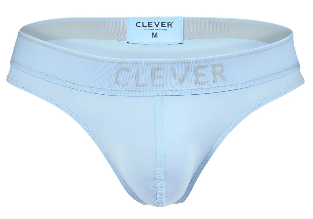 Light blue clever 2008 raw thongs men’s briefs with subtle gray logo and elastic waistband front view