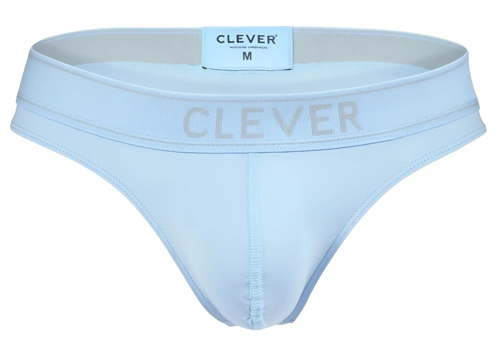 Light blue clever 2008 raw thongs men’s briefs with subtle gray logo and elastic waistband front view