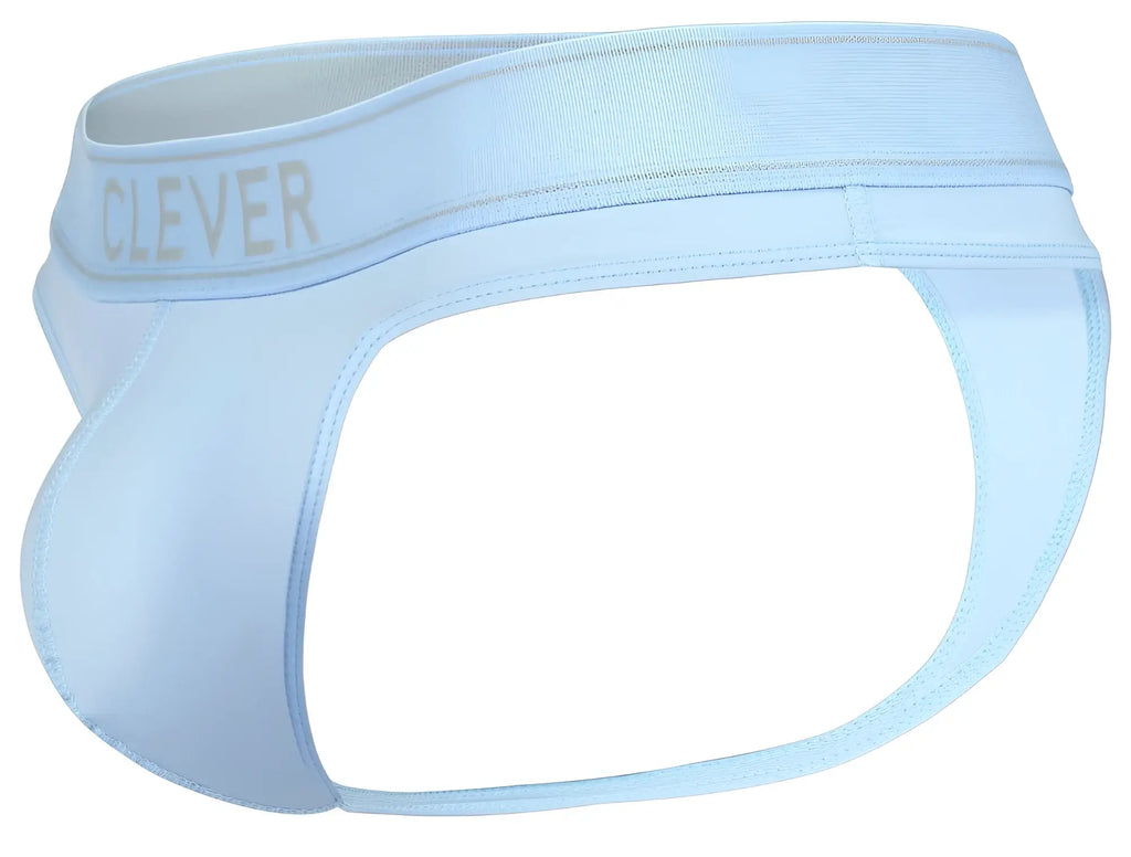 Light blue seamless fabric briefs with subtle clever logo on waistband from clever 2008 raw thongs collection