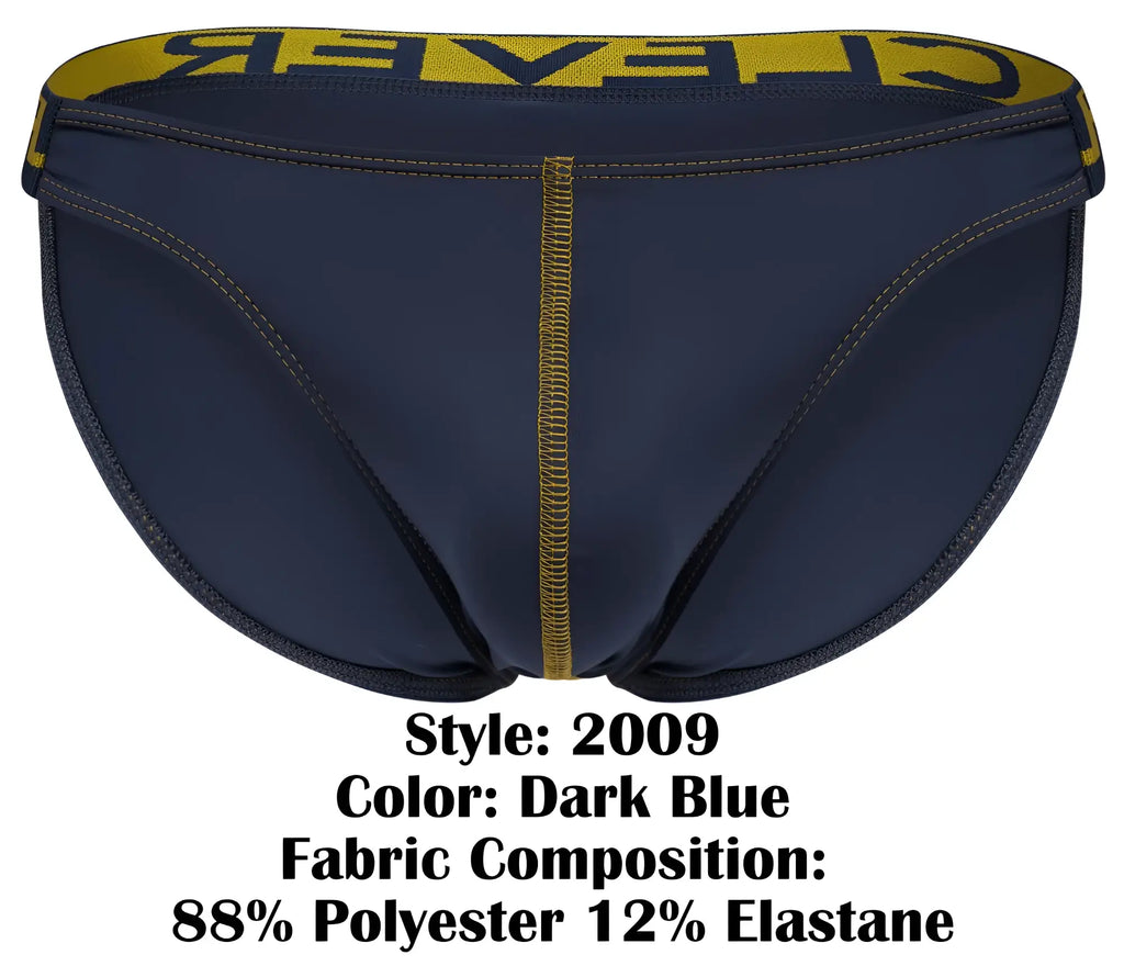 Dark blue men’s briefs with yellow clever waistband and gold stitching in clever 2009 earthskin bikini color dark blue