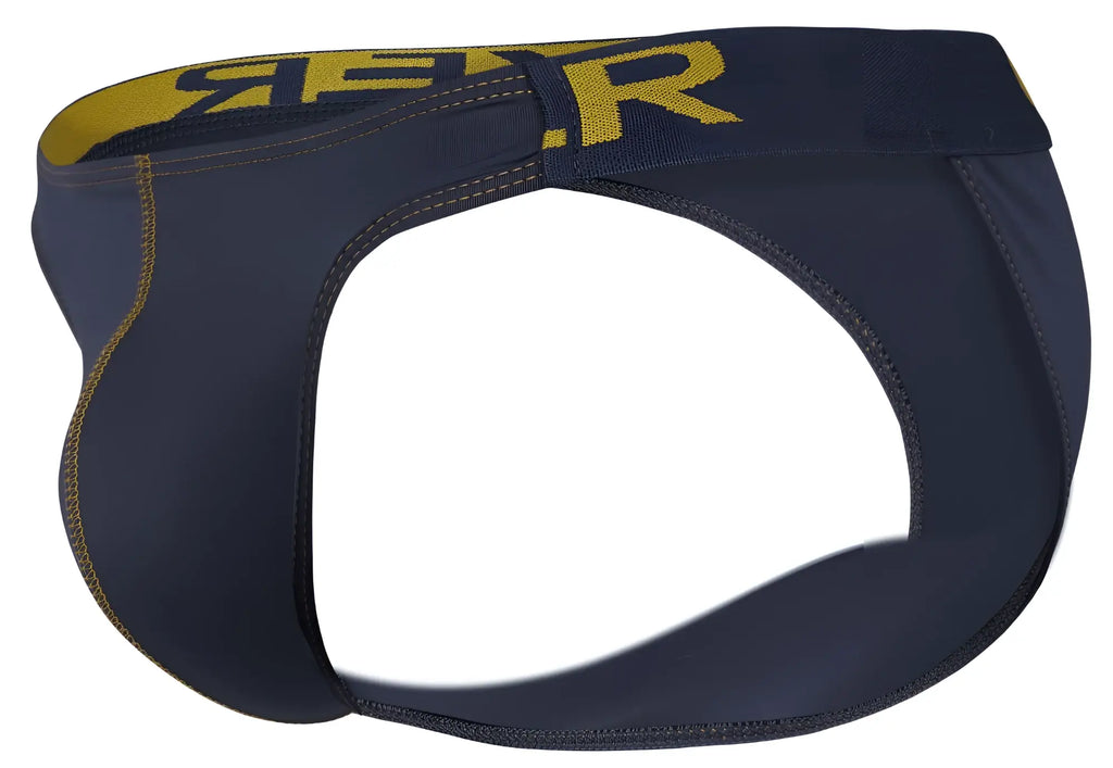 Dark navy blue clever 2009 earthskin bikini briefs with bold yellow r branding on waistband for athletic use