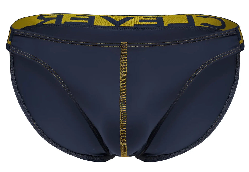Navy blue clever 2009 earthskin bikini with bold yellow waistband and matching stitching for swimwear use
